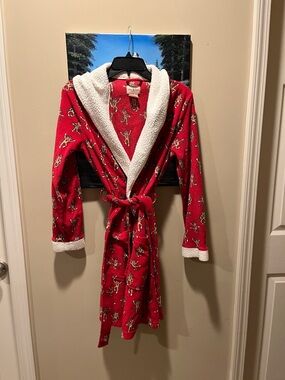 Red Plush Sherpa-Trim Robe with Dancing Sock Monkeys